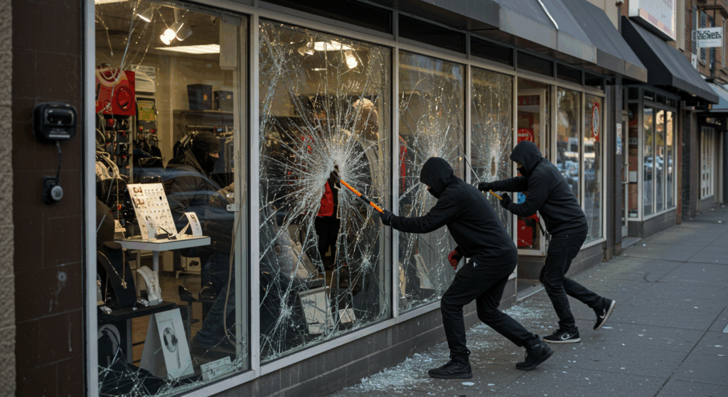 Window break-in demonstrating why security solutions are essential